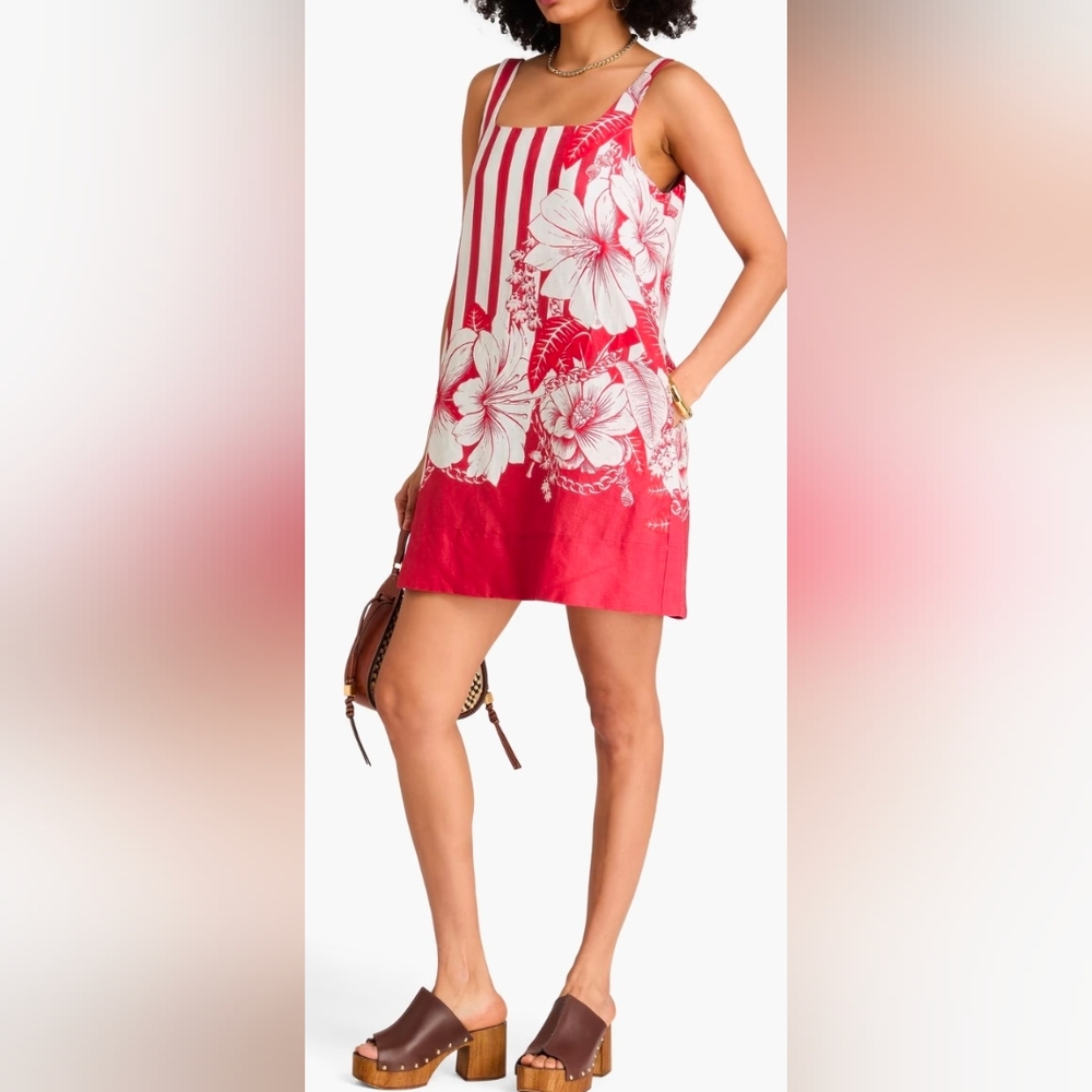 EUC...FARM Rio 100% Linen Red Floral Chain Stripes Mini Dress Size S